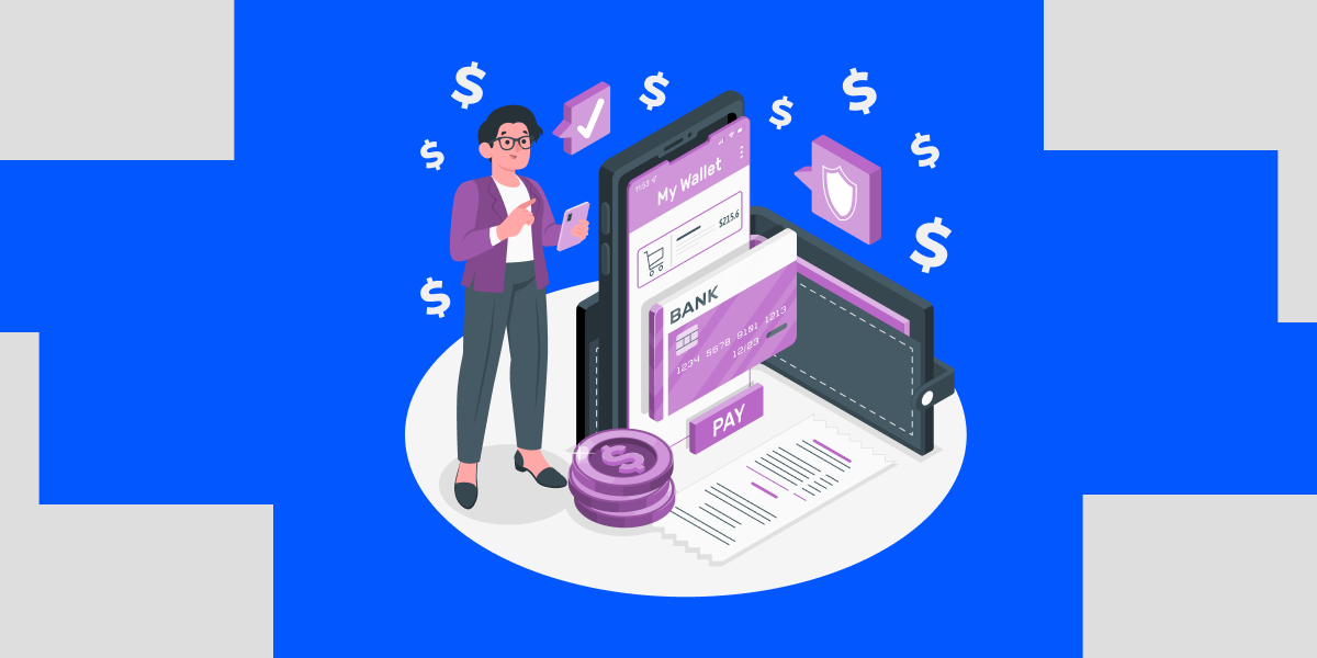 Illustration of a woman using a phone and illustration of mobile phone with payment app, dollar coins and card. featured_image